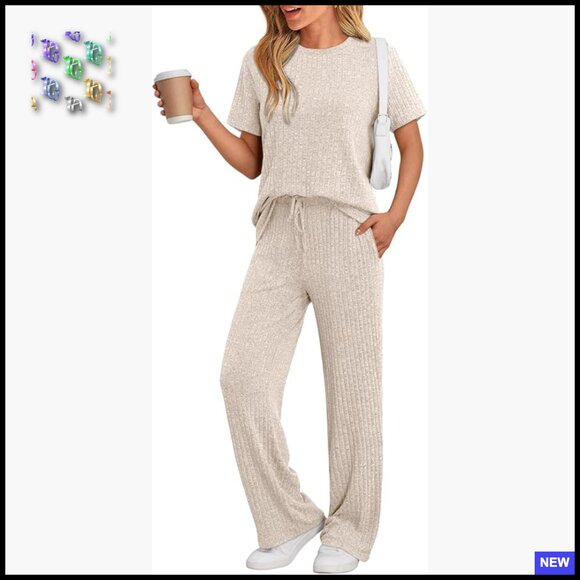 Ribbed Lounge Set Soft Stretch Casual Pajamas Travel Outfit Matching